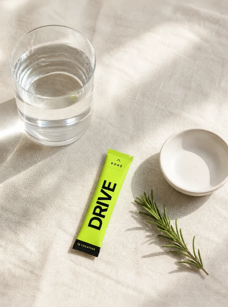 A DRIVE stick beside a glass of water, a small dish and a sprig of rosemary on a linen surface.