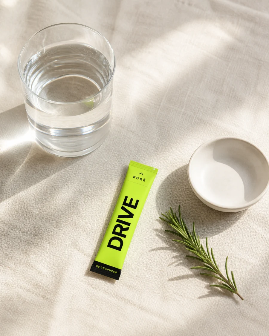 KORÊ DRIVE lime daily stick pack with 5g Creapure creatine monohydrate beside a glass of water